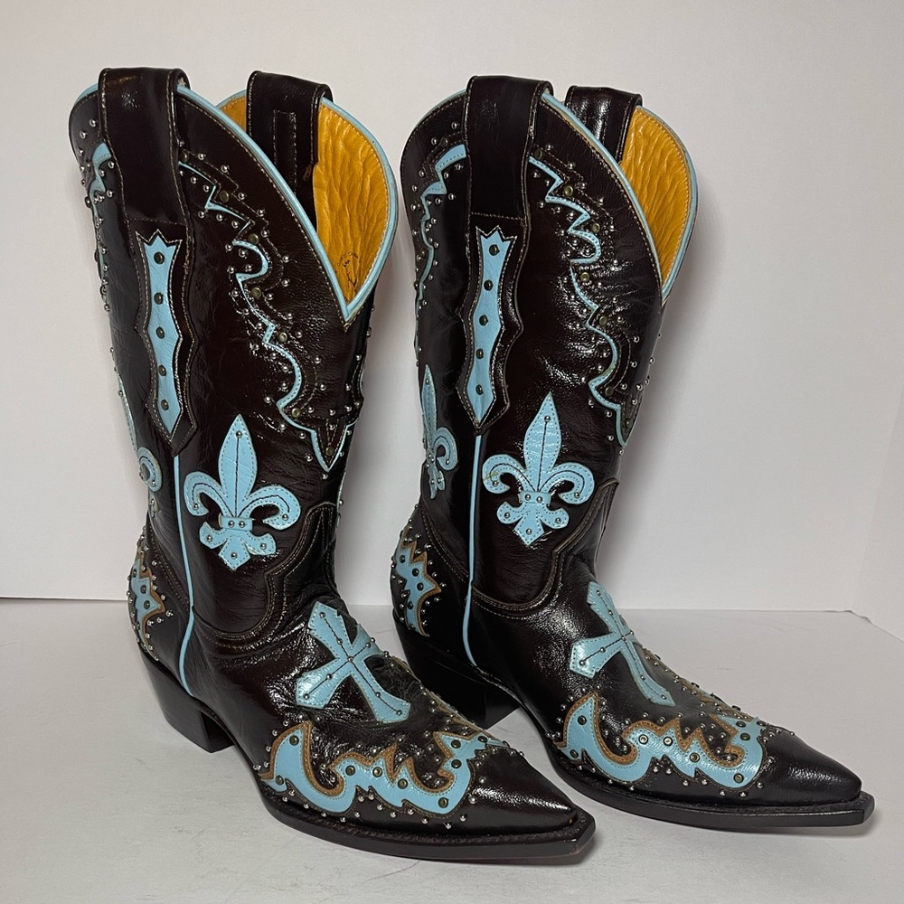 NWT Cowgirl Candy Ladies Brown Blue Fleur de Lis Studded Western Boots Sz 7 $499